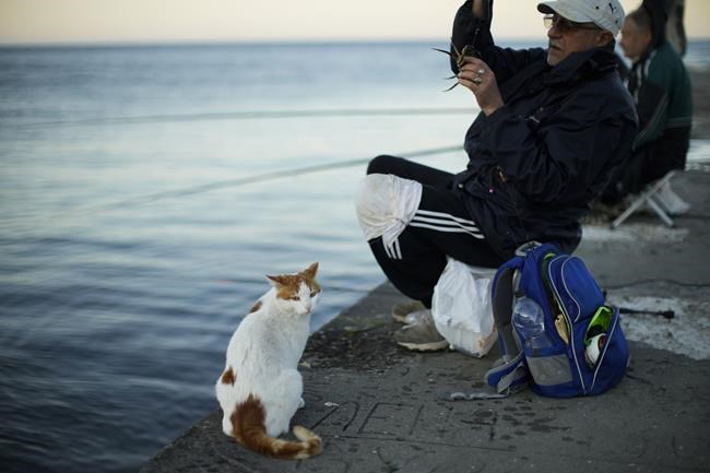 A man grabs a crab as he casts his line into the Black sea in Odessa, Ukraine, Thursday, May 12, 2022. (AP Photo/Francisco Seco)