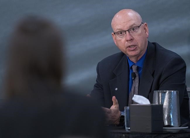 Retired RCMP Staff. Sgt. Steve Halliday, right, is questioned by Sandra McCulloch, a lawyer representing a majority of family members and survivors, as he provides testimony about the RCMP's command post, operational communications centre and command decisions at the Mass Casualty Commission inquiry into the mass murders in rural Nova Scotia on April 18/19, 2020, in Dartmouth, N.S. on Tuesday, May 17, 2022. THE CANADIAN PRESS/Andrew Vaughan