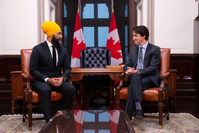NDP leader Jagmeet Singh meets with Prime Minister Justin Trudeau on Parliament Hill in Ottawa on Thursday, Nov. 14, 2019. The prime minister appears to be rejecting a call from the NDP to hike the GST rebate and Canada Child Benefit cheques this year, noting both are already indexed to inflation.THE CANADIAN PRESS/Sean Kilpatrick