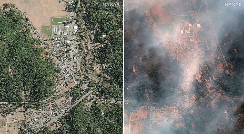 CP
In this satellite image provided by Maxar Technologies shows from left, overview of Greenville, Calif., before the wildfires on Oct. 31, 2018 and overview of Greenville, during the Dixie Wildfires on Monday, Aug. 9, 2021. California’s largest single wildfire in recorded history is running through forestlands as fire crews try to protect rural communities from flames that have destroyed hundreds of homes. (Satellite image ©2021 Maxar Technologies via AP)