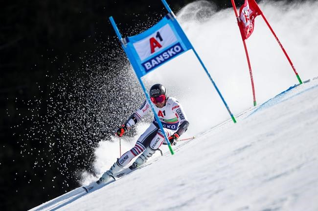 France's Alexis Pinturault speeds down the slope during an alpine ski, men's World Cup giant slalom, in Bansko, Saturday, Feb. 27, 2021. (AP Photo/Gabriele Facciotti)