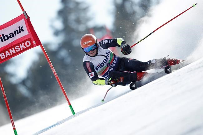 Croatia's Filip Zubcic speeds down the slope during an alpine ski, men's World Cup giant slalom, in Bansko, Sunday, Feb. 28, 2021. (AP Photo/Gabriele Facciotti)