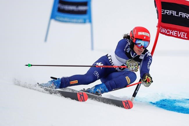 Italy's Federica Brignone competes during an alpine ski, women's World Cup giant slalom in Courchevel, France, Tuesday, Dec. 17, 2019.(AP Photo/Gabriele Facciotti)