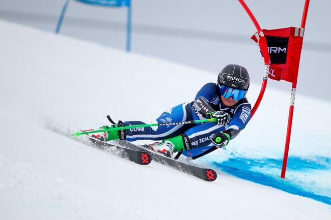 New Zealand's Alice Robinson competes during an alpine ski, women's World Cup giant slalom in Courchevel, France, Tuesday, Dec. 17, 2019.(AP Photo/Gabriele Facciotti)