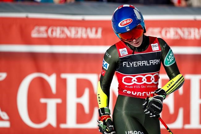 United States' Mikaela Shiffrin enters the finish area of an alpine ski, women's World Cup giant slalom in Courchevel, France, Tuesday, Dec. 17, 2019.(AP Photo/Gabriele Facciotti)