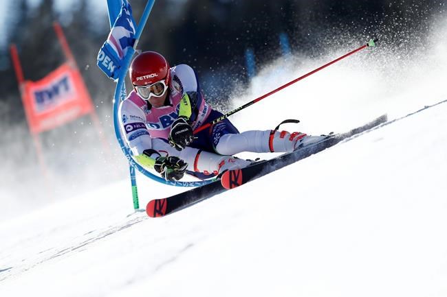 Slovenia's Zan Kranjec competes during the first run of an alpine ski, World Cup men's giant slalom in Adelboden, Switzerland, Saturday, Jan. 11, 2020. (AP Photo/Gabriele Facciotti)