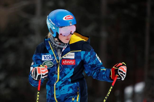 United States' Mikaela Shiffrin checks the course before the start of an alpine ski, women's World Cup giant slalom, in Semmering, Austria, Monday, Dec. 28, 2020. (AP Photo/Gabriele Facciotti)