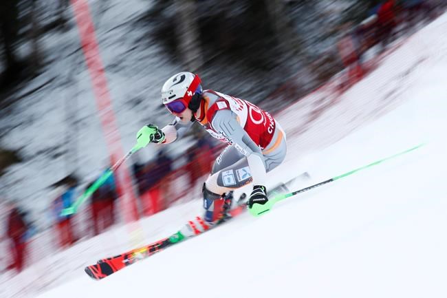 Norway's Henrik Kristoffersen competes during the first run of an alpine ski, men's World Cup slalom, in Chamonix, France, Saturday, Feb. 8, 2020. (AP Photo/Gabriele Facciotti)