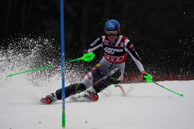 Slovakia's Petra Vlhova speeds down the course during an alpine ski, women's World Cup Slalom, in Zagreb, Croatia, Sunday, Jan. 3, 2021. (AP Photo/Giovanni Auletta)