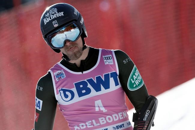 United States' Tommy Ford reacts during the first run of an alpine ski, World Cup men's giant slalom in Adelboden, Switzerland, Saturday, Jan. 11, 2020. (AP Photo/Gabriele Facciotti)