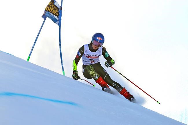 United States' Mikaela Shiffrin competes during the first run of an alpine ski, World Cup women's giant slalom in Sestriere, Italy, Saturday, Jan. 18, 2020. (AP Photo/Marco Trovati)
