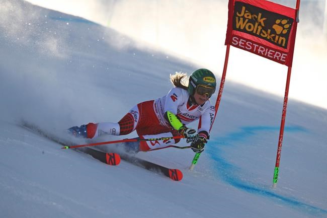 Austria's Katharina Liensberger competes during the first run of an alpine ski, World Cup women's giant slalom in Sestriere, Italy, Saturday, Jan. 18, 2020. (AP Photo/Marco Trovati)