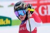 Switzerland's Lara Gut-Behrami reacts in the finish area of an alpine ski, women's World Cup super-G race in Garmisch-Partenkirchen, Germany, Monday, Feb. 1, 2021. (AP Photo/Giovanni Auletta)