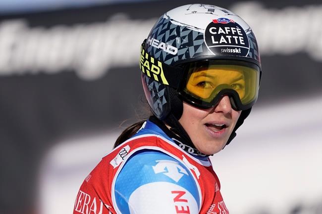 Switzerland's Wendy Holdener reacts in the finish area of an alpine ski, women's World Cup super G, in Garmish Partenkirchen, Germany, Sunday, Feb. 9, 2020. (AP Photo/Giovanni Auletta)