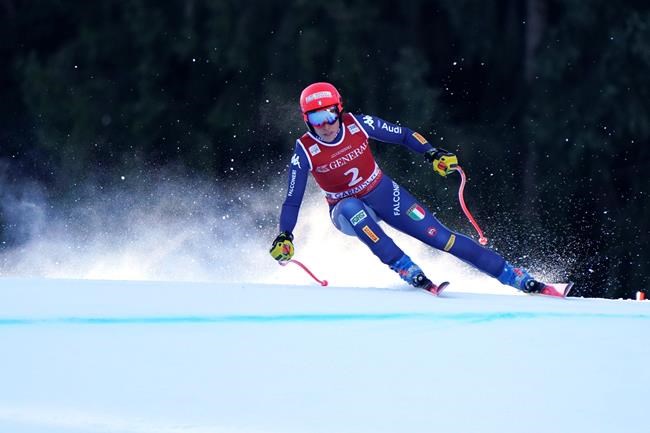 Italy's Federica Brignone competes during an alpine ski, women's World Cup downhill, in Garmish Partenkirchen, Germany, Saturday, Feb. 8, 2020. (AP Photo/Gianni Auletta)