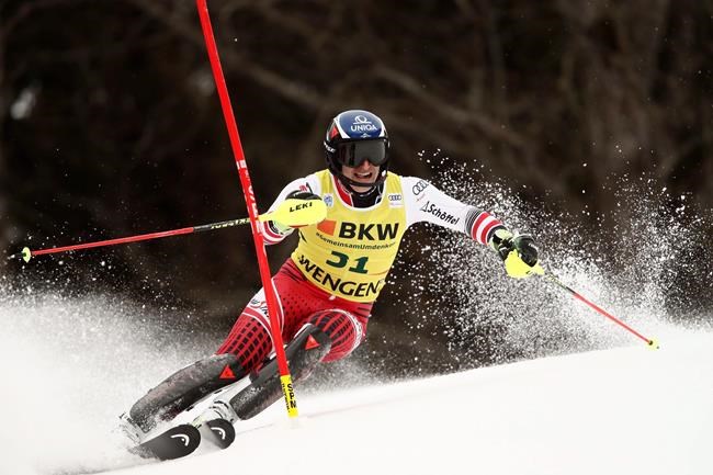 Austria's Matthias Mayer competes during the second run of an alpine ski, men's World Cup combined in Wengen, Switzerland, Friday, Jan. 17, 2020. (AP Photo/Gabriele Facciotti)