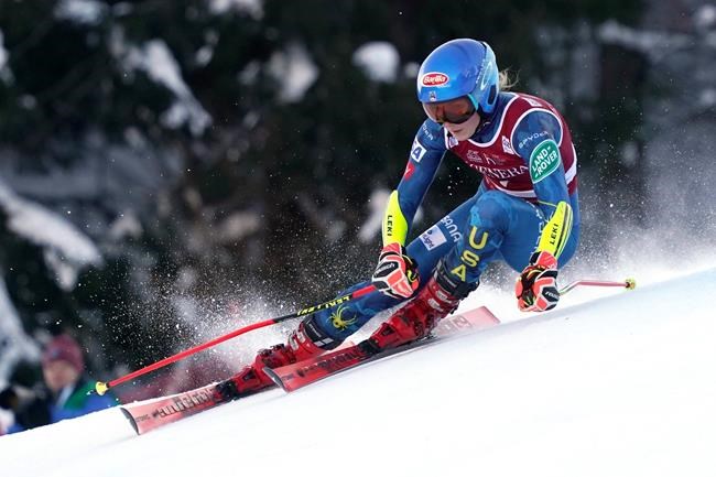 United States' Mikaela Shiffrin speeds down the course of an alpine ski, women's World Cup giant slalom, in Kranjska Gora, Slovenia, Saturday, Jan. 16, 2021. (AP Photo/Giovanni Auletta)