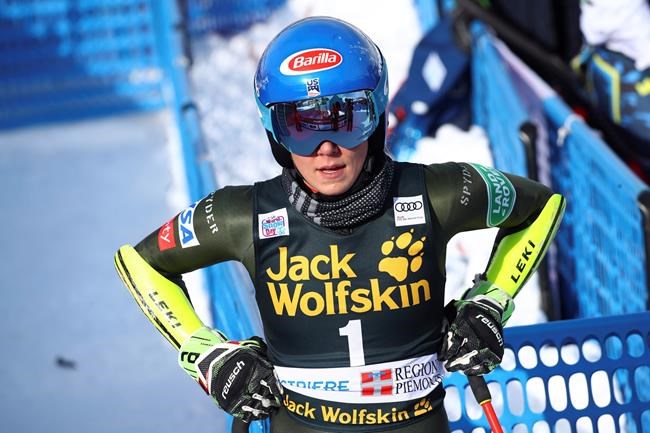 United States' Mikaela Shiffrin reacts in the finish area of an alpine ski, women's World Cup parallel giant slalom in Sestriere, Italy, Sunday, Jan. 19, 2020. (AP Photo/Alessandro Trovati)