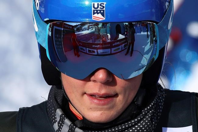 United States' Mikaela Shiffrin reacts in the finish area of an alpine ski, women's World Cup parallel giant slalom in Sestriere, Italy, Sunday, Jan. 19, 2020. (AP Photo/Alessandro Trovati)