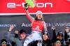 FILE - In this Saturday, Feb. 8, 2020 file photo, first placed Germany's Viktoria Rebensburg celebrates on the podium of an alpine ski, women's World Cup downhill, in Garmish Partenkirchen, Germany. Rebensburg, who won the Olympic gold medal in giant slalom in 2010, announced her retirement Tuesday, Sept. 1, 2020 at the age of 30 after an injury. (AP Photo/Marco Tacca, File)