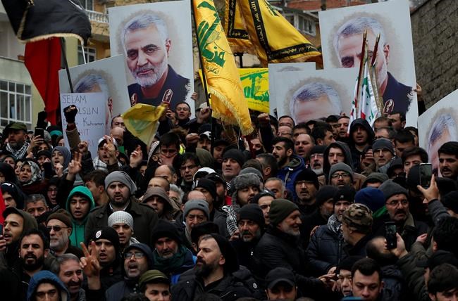 Protesters chant anti-U.S. slogans during a demonstration against the killing of Iranian Revolutionary Guard Gen. Qassem Soleimani, close to United States' consulate in Istanbul, Sunday, Jan. 5, 2020. Iran has vowed