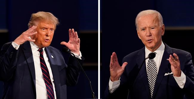 In this combination image of two photos showing both President Donald Trump, left, and former Vice President Joe Biden during the first presidential debate Tuesday, Sept. 29, 2020, at Case Western University and Cleveland Clinic, in Cleveland, Ohio. The first debate pitting Republican President Donald Trump against Democratic challenger Joe Biden was not a highlight of political oratory in the eyes of many overseas. Yet interest ran high for its potential impact on what may be the most consequential U.S. election in years, now just over a month away. (AP Photo/Patrick Semansky)