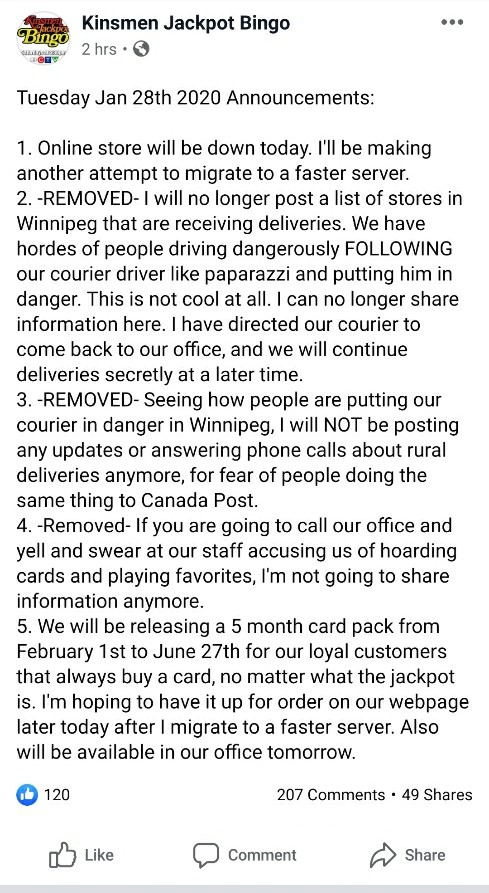 The Kinsmen Jackpot Bingo Facebook page removed this post later in the day. (Facebook)