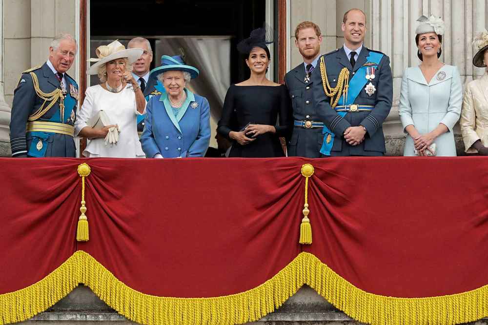 FILE - In this Tuesday, July 10, 2018 file photo, members of the royal family gather on the balcony of Buckingham Palace, with (from left) Prince Charles, Camilla the Duchess of Cornwall, Prince Andrew, Queen Elizabeth II, Meghan the Duchess of Sussex, Prince Harry, Prince William and Kate the Duchess of Cambridge. Queen Elizabeth II says she has agreed to grant Prince Harry and Meghan their wish for a more independent life that will see them move part-time to Canada. (AP Photo/Matt Dunham, File)