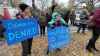 About 60 Shelly Glover supporters showed up to the rally on Sunday outside the Kennedy Street headquarters for the Progressive Conservative Party of Manitoba. (Jaison Empson/CBC)