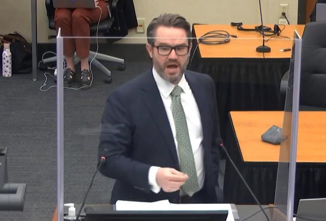 In this image from video, defense attorney Eric Nelson gives closing arguments as Hennepin County Judge Peter Cahill presides Monday, April 19, 2021, in the trial of former Minneapolis police Officer Derek Chauvin at the Hennepin County Courthouse in Minneapolis. Chauvin is charged in the May 25, 2020 death of George Floyd. (Court TV via AP, Pool)