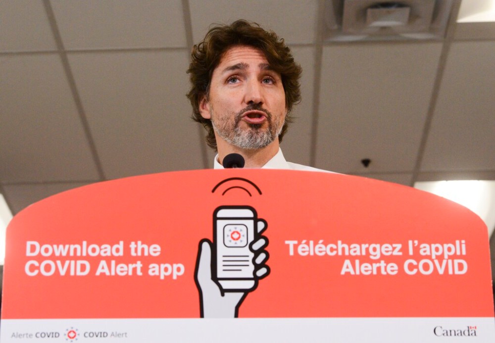 THE CANADIAN PRESS/Sean Kilpatrick
Prime Minister Justin Trudeau at the launch of the app in July which has 2.5 million downloads and is being used in Ontario and Newfoundland and Labrador and, as of Friday, both New Brunswick and Saskatchewan as well.