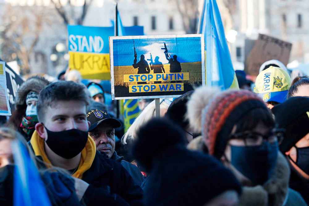 THE CANADIAN PRESS
Thousands of people rally in support of the Ukraine outside the Manitoba Legislature in Winnipeg Saturday, February 26, 2022. The group was rallying against the Russian invasion of The Ukraine. (John Woods / The Canadian Press)