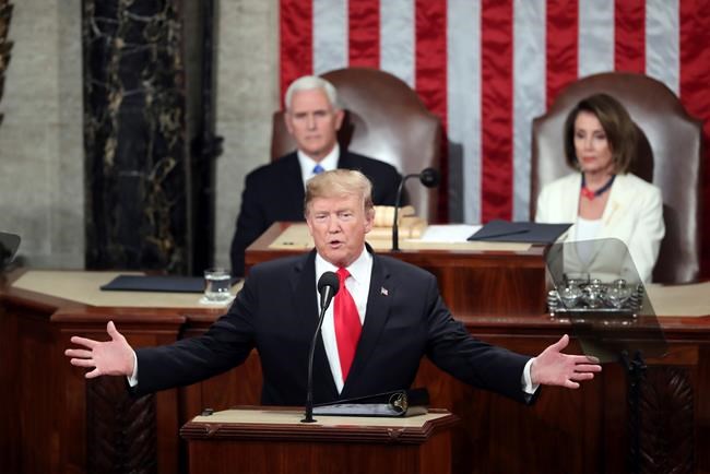 President Donald Trump delivers his State of the Union address to a joint session of Congress on Capitol Hill in Washington, as Vice President Mike Pence and Speaker of the House Nancy Pelosi, D-Calif., watch on Feb. 5, 2019. It was once among the most predictable spectacles on the American political calendar -- but with Donald Trump on the dais, there's as much suspense surrounding tonight's state of the union address as there is in the race to choose his Democratic challenger. THE CANADIAN PRESS/AP, Andrew Harnik