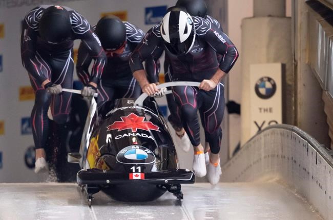 Justin Kripps, Ryan Sommer, Benjamin Coakwell and Cameron Stones from Canada in action in the first run of the bod world cup in Schoenau, Germany, Sunday, Jan.26, 2020. THE CANADIAN PRESS/AP-dpa, Sven Hoppe