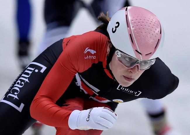 Kim Boutin of Canada competes during the women's 500 meter quarterfinals of the ISU World Cup short track speed skating championship in Dresden, eastern Germany on February 9, 2020. Canadian short-track speedskater Kim Boutin has withdrawn from the final World Cup stop of the season. The announcement from Speed Skating Canada comes after Boutin won a gold medal in the women's 500m at a World Cup in Dresden on the weekend. THE CANADIAN PRESS/AP, Jens Meyer