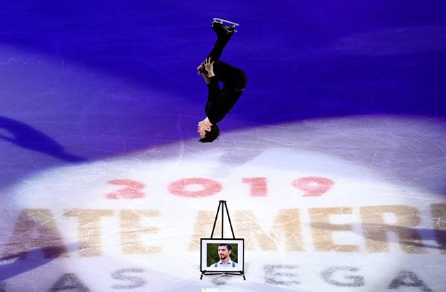 Keegan Messing, of Canada, performs in honor of his late brother Paxon during the International Skating Union Grand Prix of Figure Skating Series exhibition Sunday, Oct. 20, 2019, in Las Vegas. The rink had always been home for Keegan Messing. But in the days and weeks after his brother's death, the Canadian figure skater struggled to find solace on the ice. THE CANADIAN PRESS/AP, David Becker