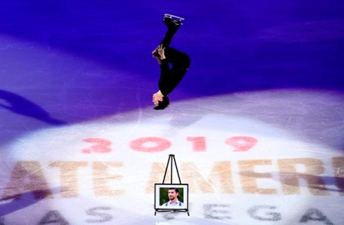 Keegan Messing, of Canada, performs in honor of his late brother Paxon during the International Skating Union Grand Prix of Figure Skating Series exhibition Sunday, Oct. 20, 2019, in Las Vegas. The rink had always been home for Keegan Messing. But in the days and weeks after his brother's death, the Canadian figure skater struggled to find solace on the ice. THE CANADIAN PRESS/AP, David Becker
