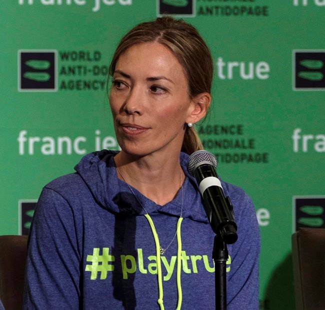 In this June 5, 2018, file photo, World Anti-Doping Agency athlete committee chairperson Beckie Scott attends at a news conference following the agency's first Global Athlete Forum in Calgary. Canadians on the anti-doping front lines says the World Anti-Doping Agency's sanctions of Russia did not go far enough. WADA Athletes Committee members Scott and Hayley Wickenheiser had voted to completely bar Russian athletes from competing in upcoming Olympic Games, and former luger Sam Edney agrees with them. THE CANADIAN PRESS/Jeff McIntosh