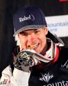 Winner Mikael Kingsbury celebrates on the podium following the men's skiing moguls world championships Friday, Feb. 8, 2019, in Park City, Utah. Kingsbury had some trouble squeezing all of his trophies into one photo when he tried to display them in a shot he shared on Twitter last week. The reigning Olympic moguls champion begins his quest for a ninth straight Crystal Globe trophy this weekend in Ruka, Finland, where he'll get his 100th career World Cup start. THE CANADIAN PRESS/AP/Rick Bowmer