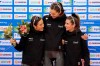 Second placed Canada team, Ivanie Blondin, Isabelle Weidemann and Valerie Maltais, celebrate on the podium during a medal ceremony for the ladies team pursuit race of the speed skating World Cup at the M-Wave in Nagano, Japan, Sunday, Dec. 15, 2019. Ivanie Blondin and Isabelle Weidemann are accustomed to observations about their height differential. THE CANADIAN PRESS/AP-Toru Hanai