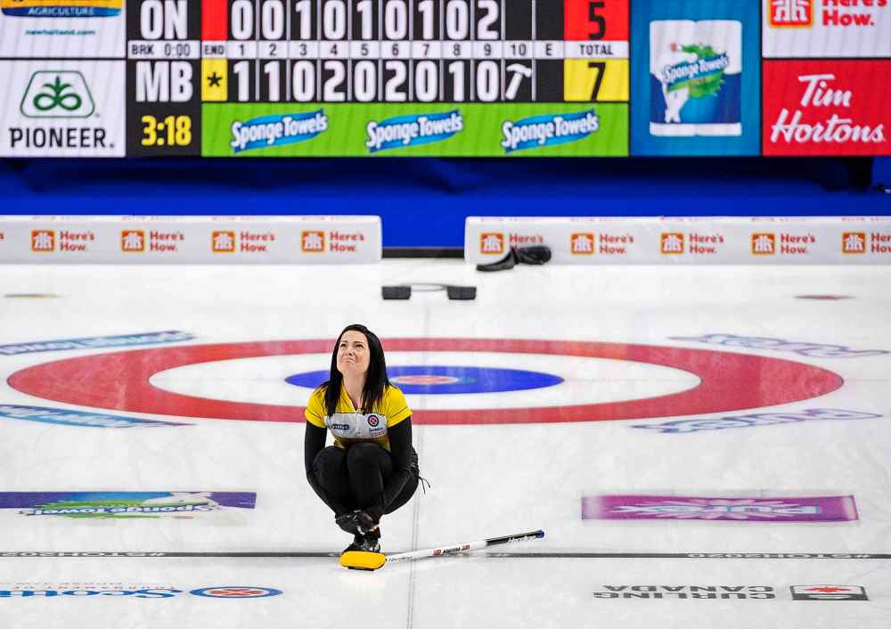 Team Manitoba skip, Kerri Einarson reacts after giving up a steal of two to Team Ontario in the 10th end. (Jonathan Hayward / The Canadian Press)