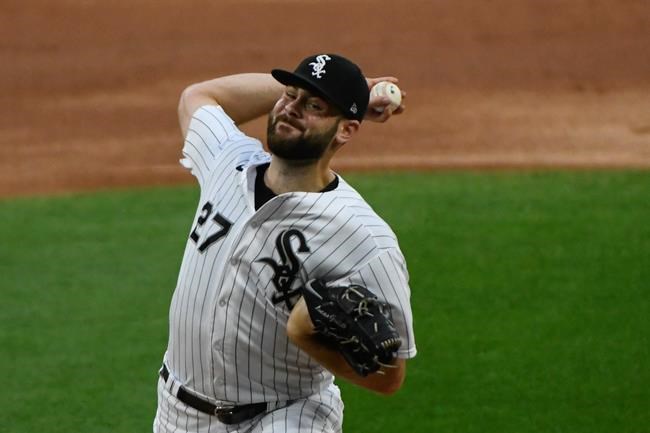 Chicago White Sox starting pitcher Lucas Giolito delivers during the first inning of a baseball game against the Pittsburgh Pirates, Tuesday, Aug. 25, 2020, in Chicago. (AP Photo/Matt Marton)