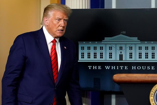 President Donald Trump arrives to speak at a news conference in the James Brady Press Briefing Room at the White House, Monday, Aug. 31, 2020, in Washington. (AP Photo/Andrew Harnik)