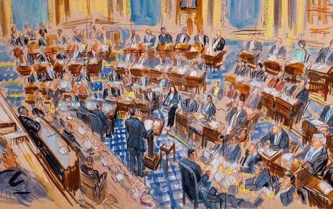 This artist sketch depicts White House counsel Pat Cipollone speaking in the Senate chamber during the impeachment trial against President Donald Trump on charges of abuse of power and obstruction of Congress, at the Capitol in Washington, Tuesday, Jan. 21, 2020. (Dana Verkouteren via AP)