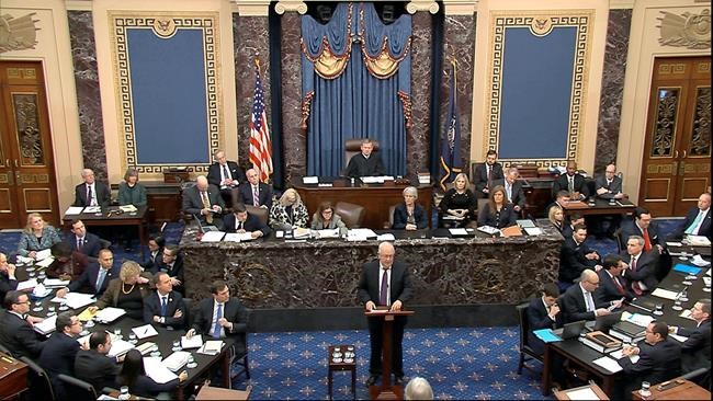 In this image from video, Ken Starr, an attorney for President Donald Trump, speaks during the impeachment trial against Trump in the Senate at the U.S. Capitol in Washington, Monday, Jan. 27, 2020. (Senate Television via AP)