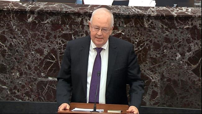 In this image from video, Ken Starr, an attorney for President Donald Trump, speaks during the impeachment trial against Trump in the Senate at the U.S. Capitol in Washington, Monday, Jan. 27, 2020. (Senate Television via AP)