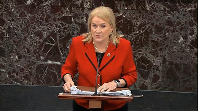 In this image from video, House impeachment manager Rep. Sylvia Garcia, D-Texas, speaks during the impeachment trial against President Donald Trump in the Senate at the U.S. Capitol in Washington, Thursday, Jan. 23, 2020. (Senate Television via AP)