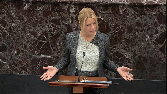 In this image from video, White House adviser and former Florida Attorney General Pam Bondi speaks during the impeachment trial against President Donald Trump in the Senate at the U.S. Capitol in Washington, Monday, Jan. 27, 2020. (Senate Television via AP)