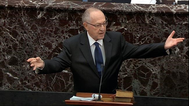 In this image from video, Alan Dershowitz, an attorney for President Donald Trump, speaks during the impeachment trial against Trump in the Senate at the U.S. Capitol in Washington, Monday, Jan. 27, 2020. (Senate Television via AP)