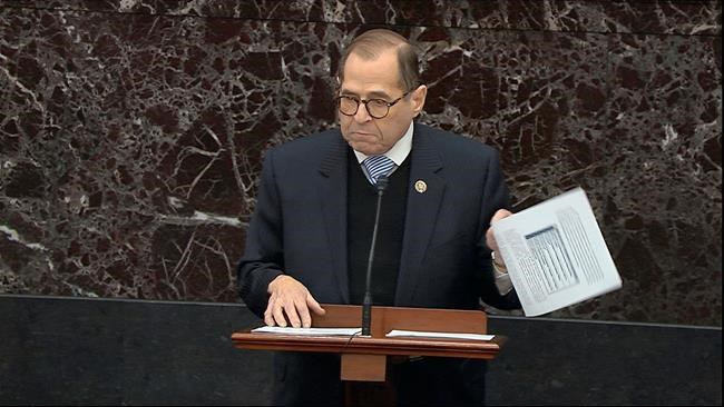 In this image from video, impeachment manager Rep. Jerrold Nadler, D-N.Y., argues in favor of an amendment proposed by Senate Minority Leader Chuck Schumer, D-N.Y., to subpoena John Bolton during the impeachment trial against President Donald Trump in the Senate at the U.S. Capitol in Washington, Wednesday, Jan. 22, 2020. (Senate Television via AP)